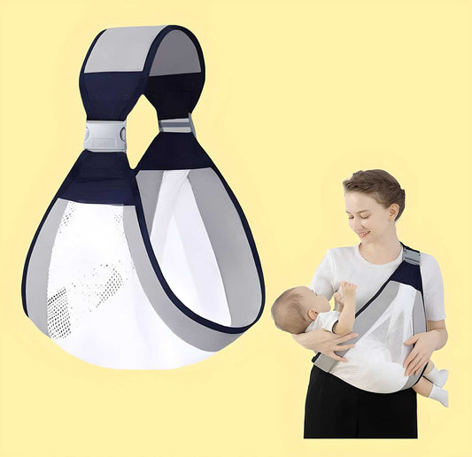 Baby carrier with a close-up of the product on a yellow background
