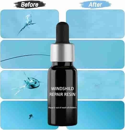 Windshield repair resin bottle with before and after effect on a blue background