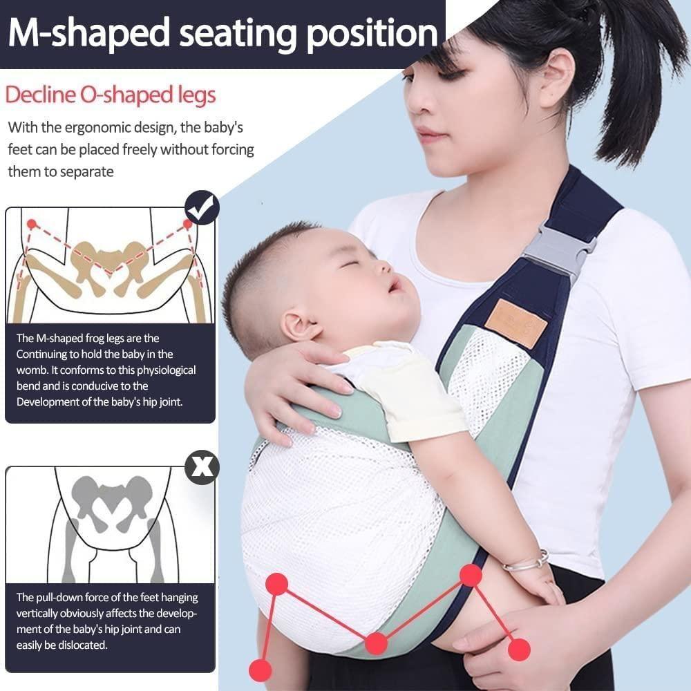 Woman holding a baby in a carrier with educational diagrams on M-shaped seating position and leg alignment.