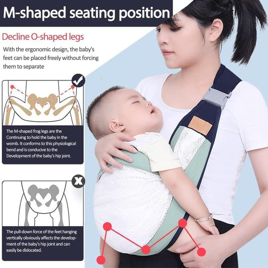 Woman holding a baby in a carrier with educational diagrams on M-shaped seating position and leg alignment.