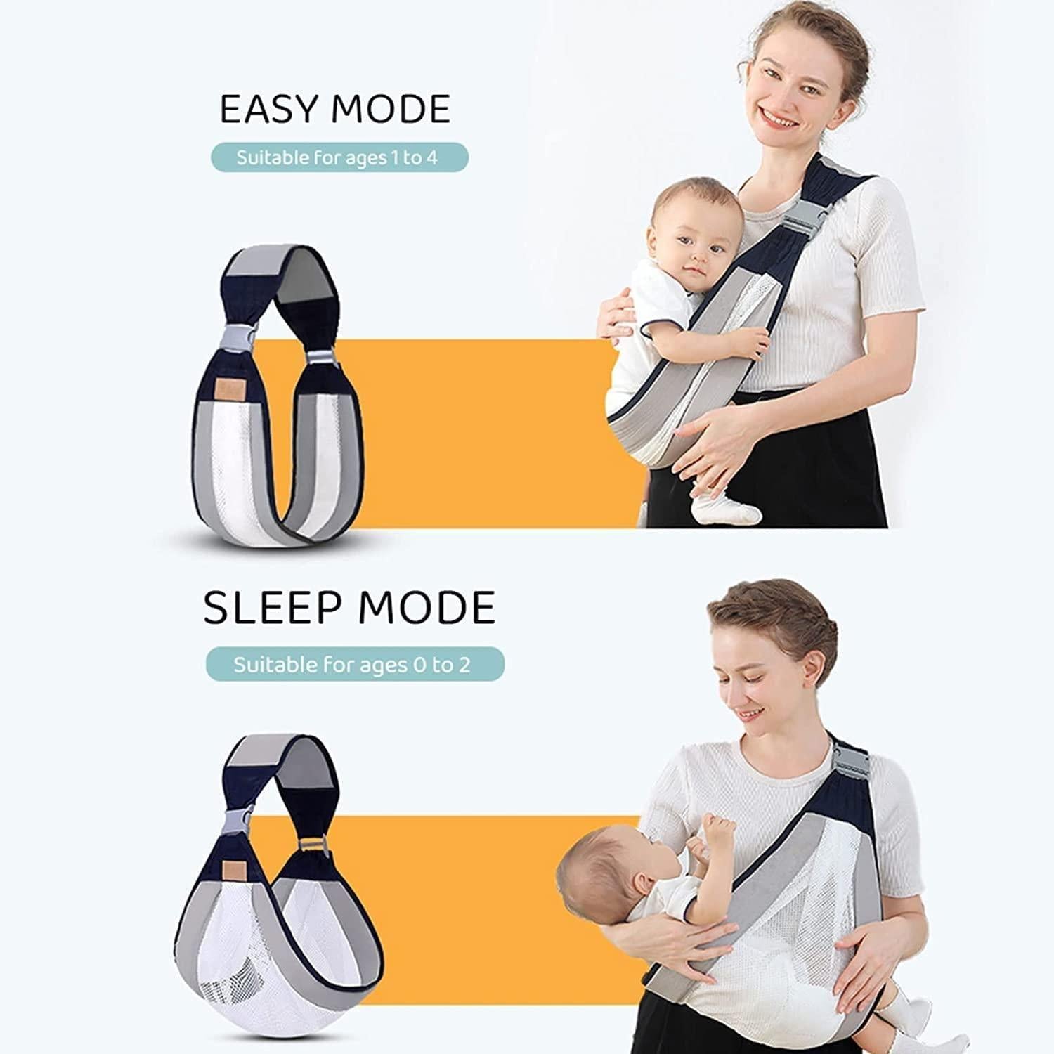 Baby carrier with mode options for easy and sleep modes, suitable for ages 1 to 4 and 0 to 2 respectively.
