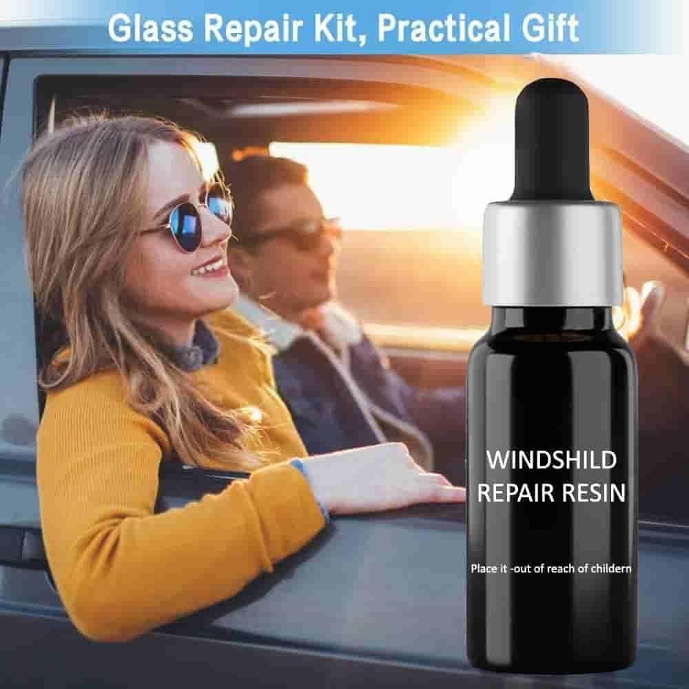 Bottle of Windshield Repair Resin with a background of a woman and man in a car.