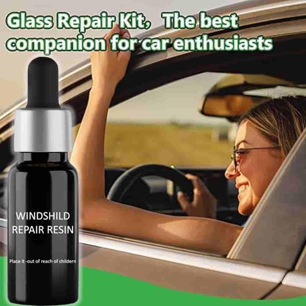 Bottle of windshield repair resin with a woman driving a car, text 'Glass Repair Kit, The best companion for car enthusiasts'.