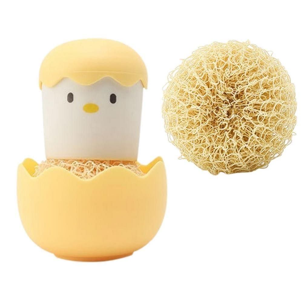 Yellow chick-shaped container with a loofah on a white background
