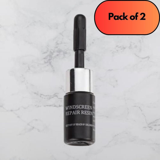 Bottle of windscreen repair resin with a black cap on a marble background, labeled 'Pack of 2'.