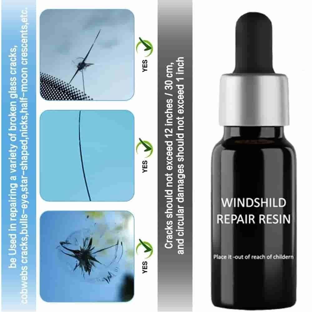 Bottle of Windshield Repair Resin with instructions on repairing glass cracks.
