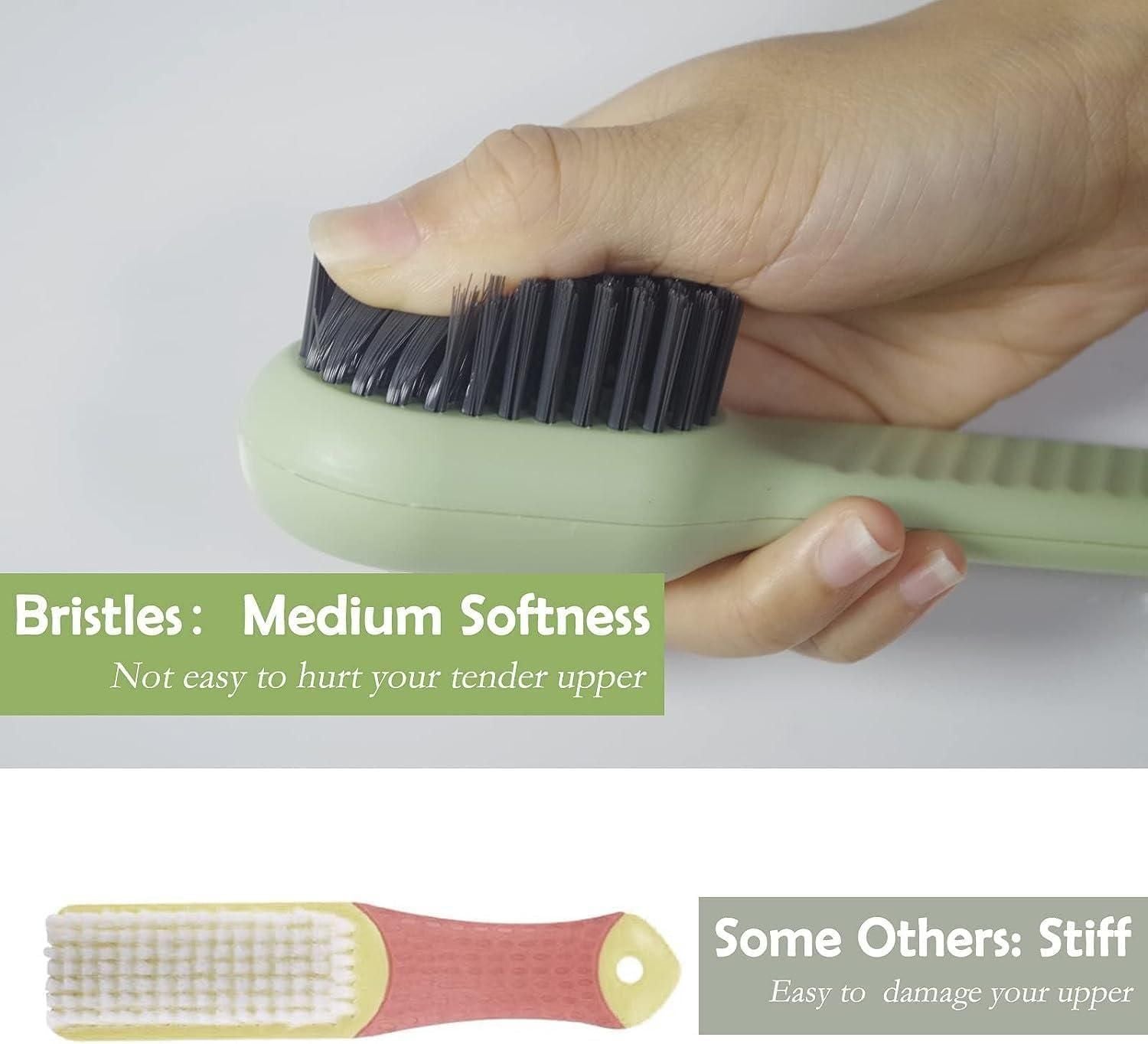 Hand holding a green brush with black bristles, labeled 'Bristles: Medium Softness', on a white background.