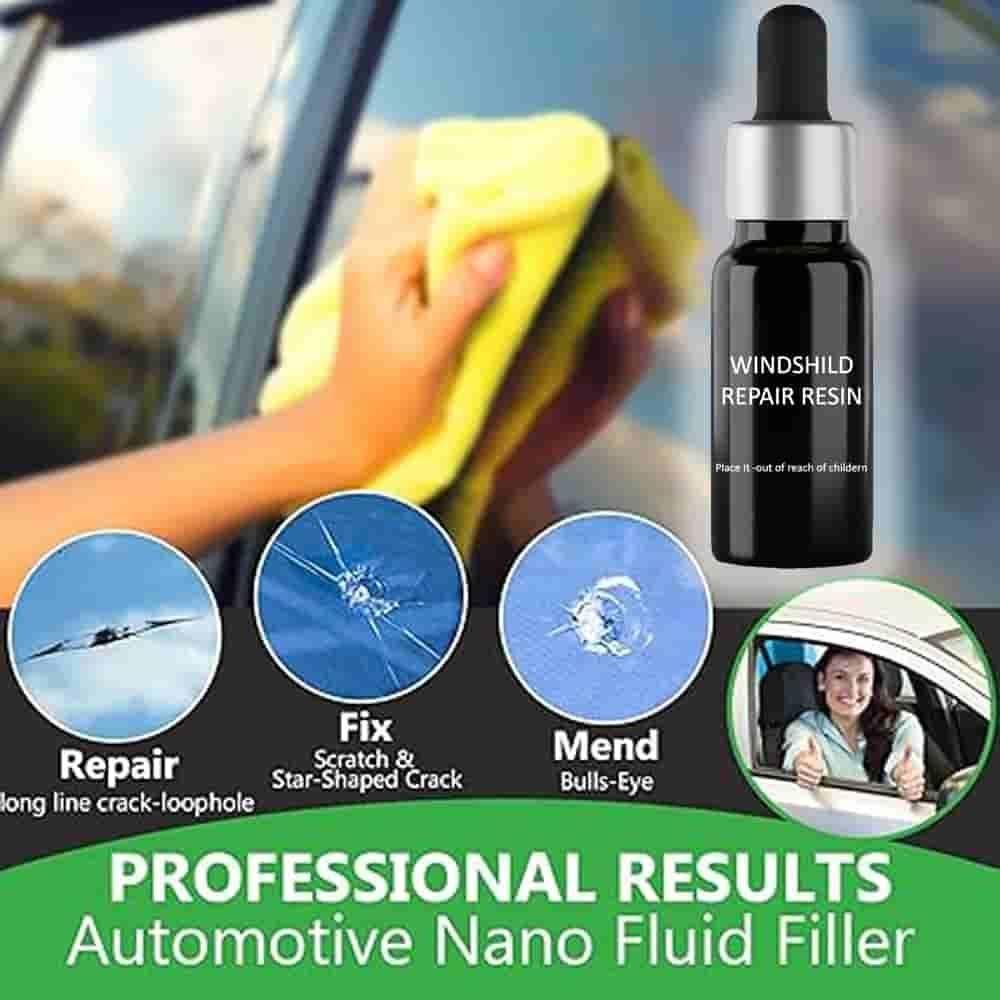 Automotive nano fluid filler with bottle and hand cleaning car window, showing repair capabilities.