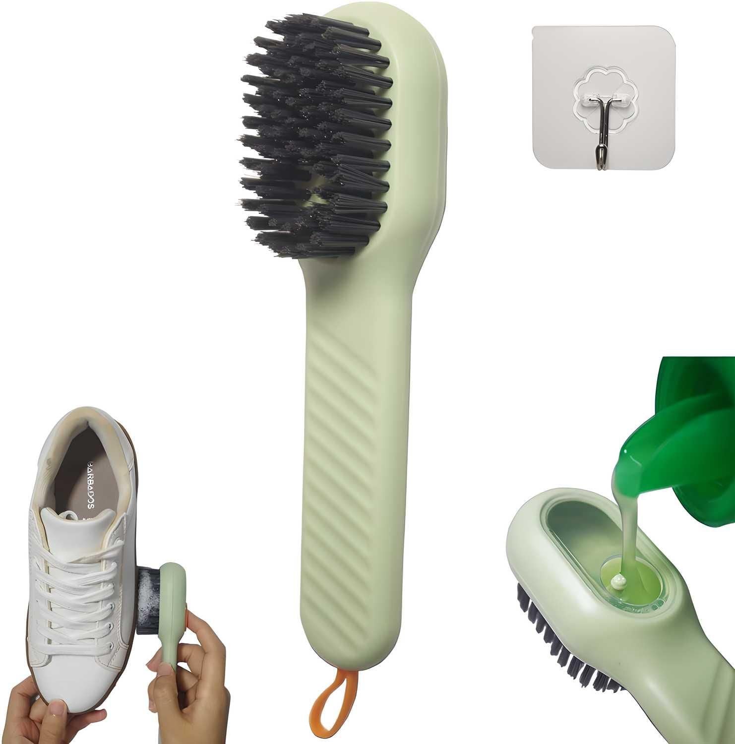 Green shoe cleaning brush with bristles and a white background