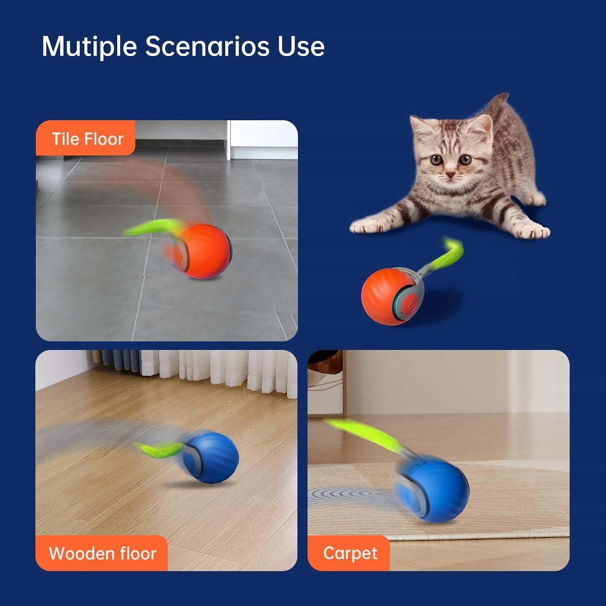 Cat toy with red and blue ball on a blue background showing use on tile, wooden, and carpet floors.