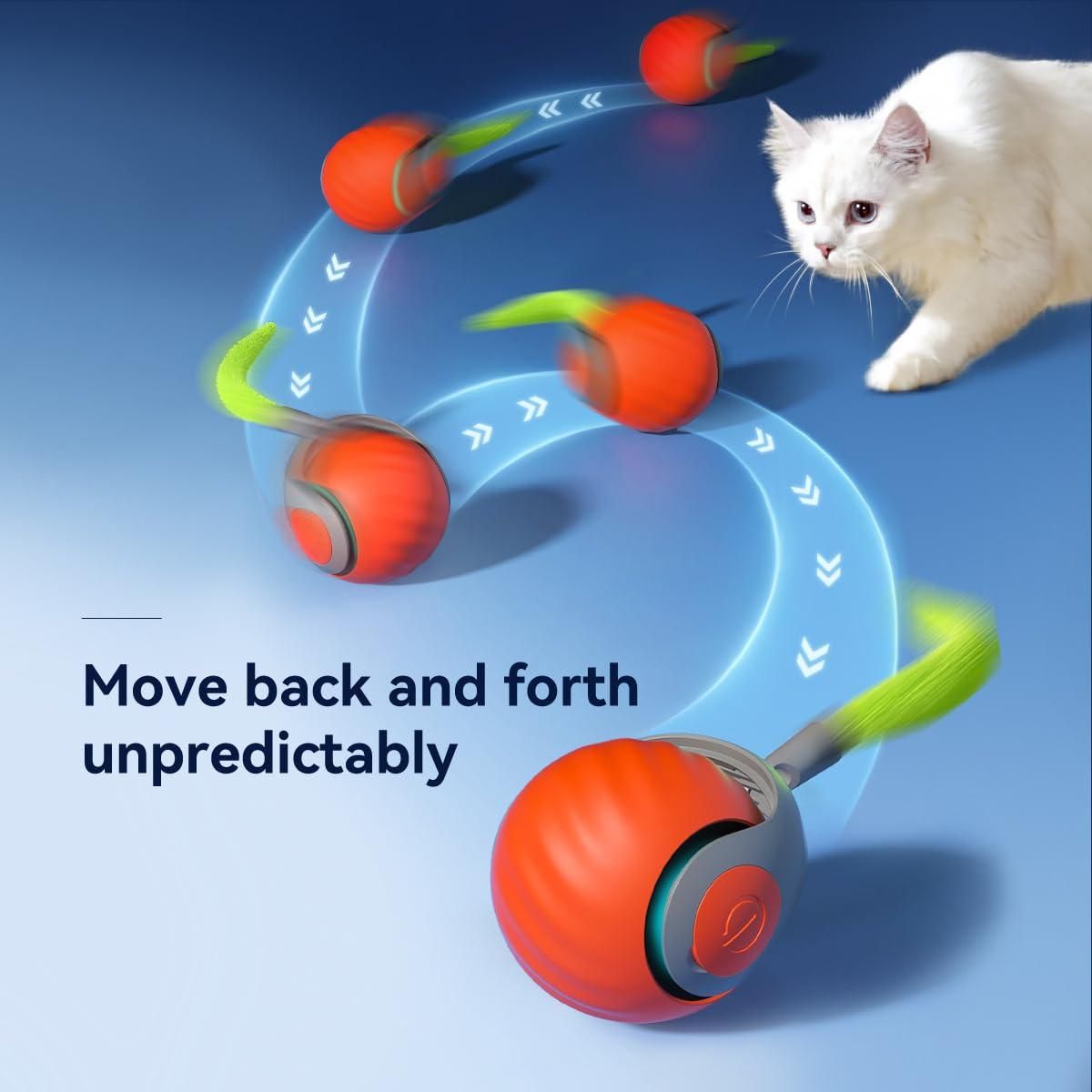 Cat toy with moving parts and a cat interacting with it on a blue background
