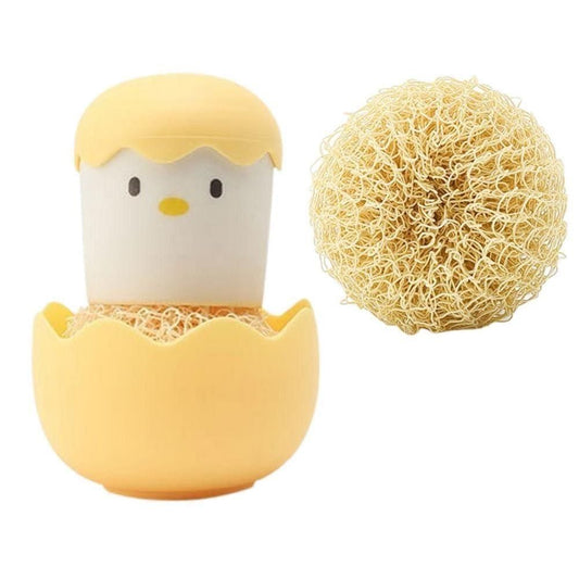 Yellow chick-shaped container with a loofah on a white background